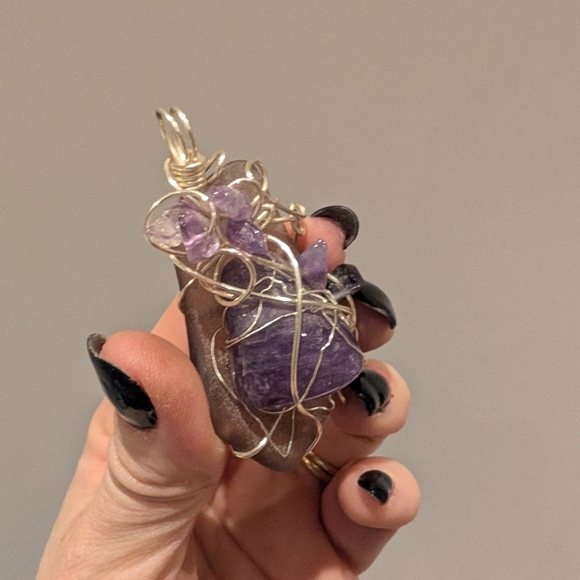 Handcrafted Amethyst And Sea Glass Wire-Wrapped Pendant - Picture 4 of 9